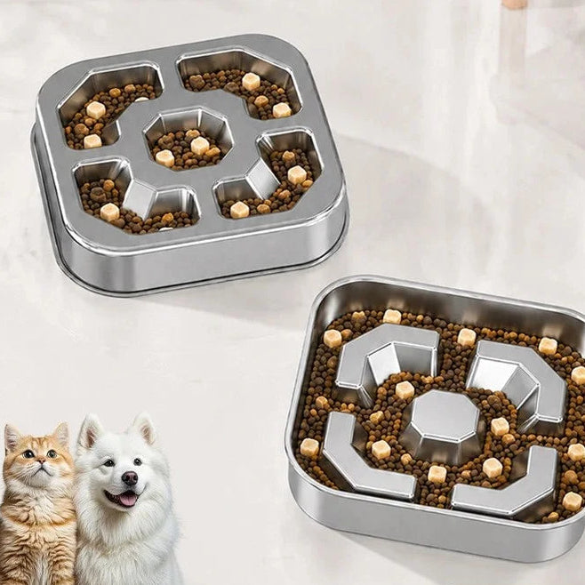 Quadratischer Langsam-Fressnapf aus 304-Edelstahl – Kippsicherer Futternapf für Katzen, Mittelgroße & Große Hunde