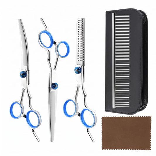 5-teiliges Professionelles Hunde-Scheren-Set – Edelstahl-Pflegescheren, Gebogene Schere & Effilierschere mit Kamm und Aufbewahrungstasche