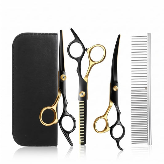 Professionelles Hunde-Scheren-Set – Gerade Schere, Gebogene Schere, Effilierschere & Fellkamm für die Hundepflege