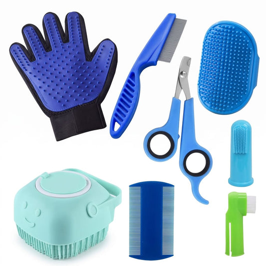 8-teiliges Haustier-Pflegeset – Hundehaar-Kamm, Flohkamm, Shampoobürste, Krallenschere & Zahnbürsten-Set