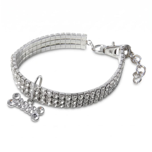 Dreireihiges Strass-Haustierhalsband – Elastisches Schmuckhalsband mit Knochenanhänger für Katzen, Hunde, Welpen & Kätzchen