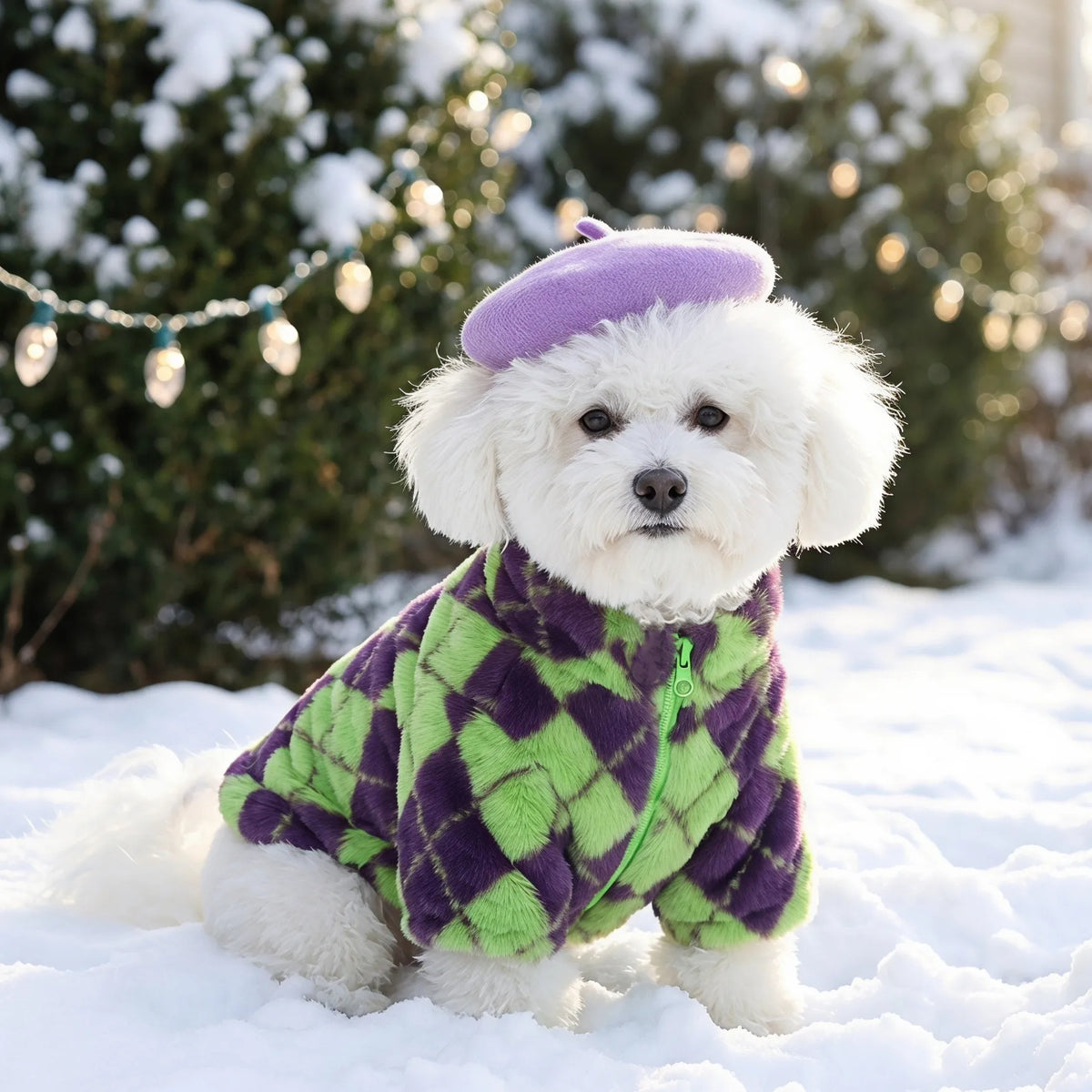 Retro-Rauten Plüsch-Hundemantel – Warme Zweibein-Strickjacke mit Rückenreißverschluss