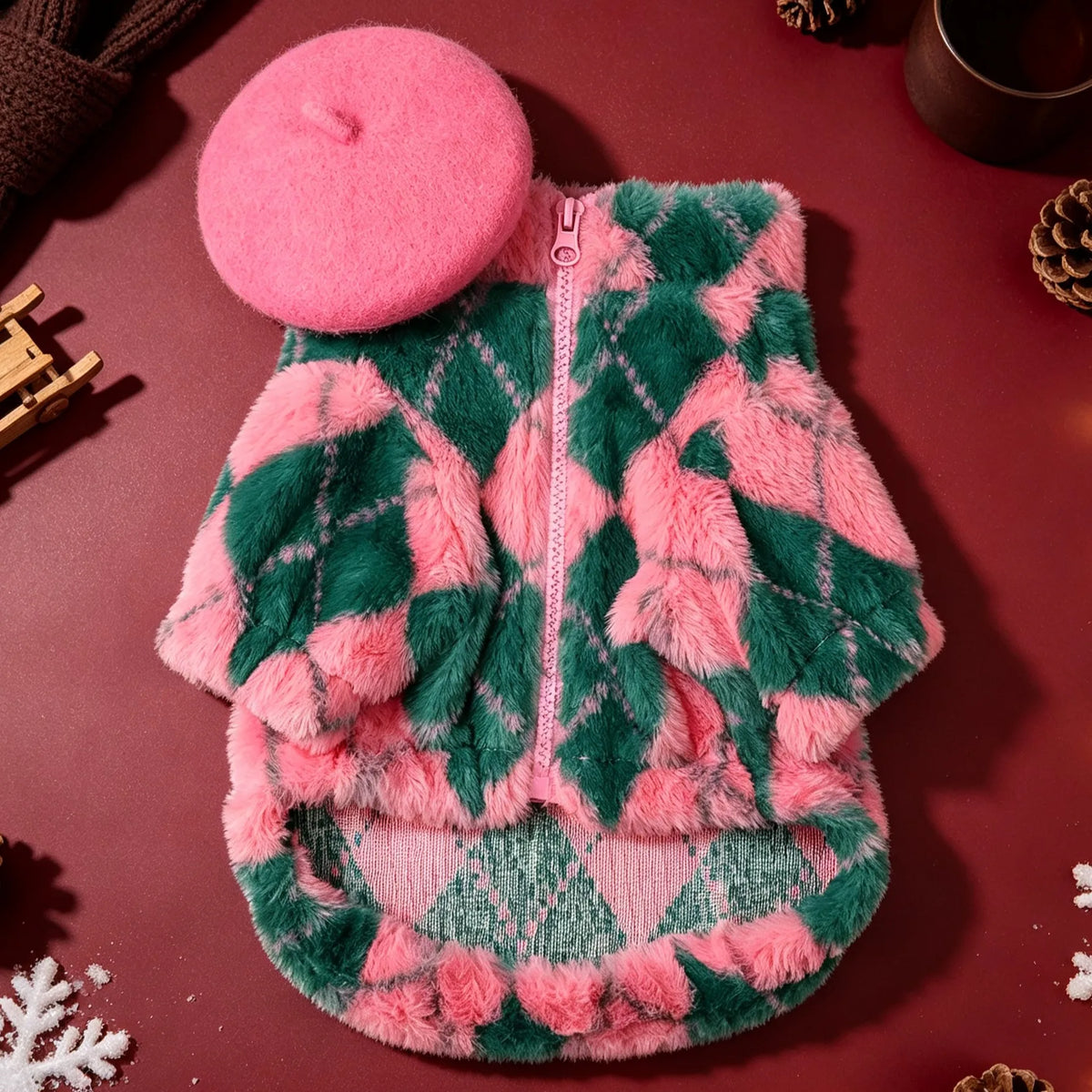 Retro-Rauten Plüsch-Hundemantel – Warme Zweibein-Strickjacke mit Rückenreißverschluss