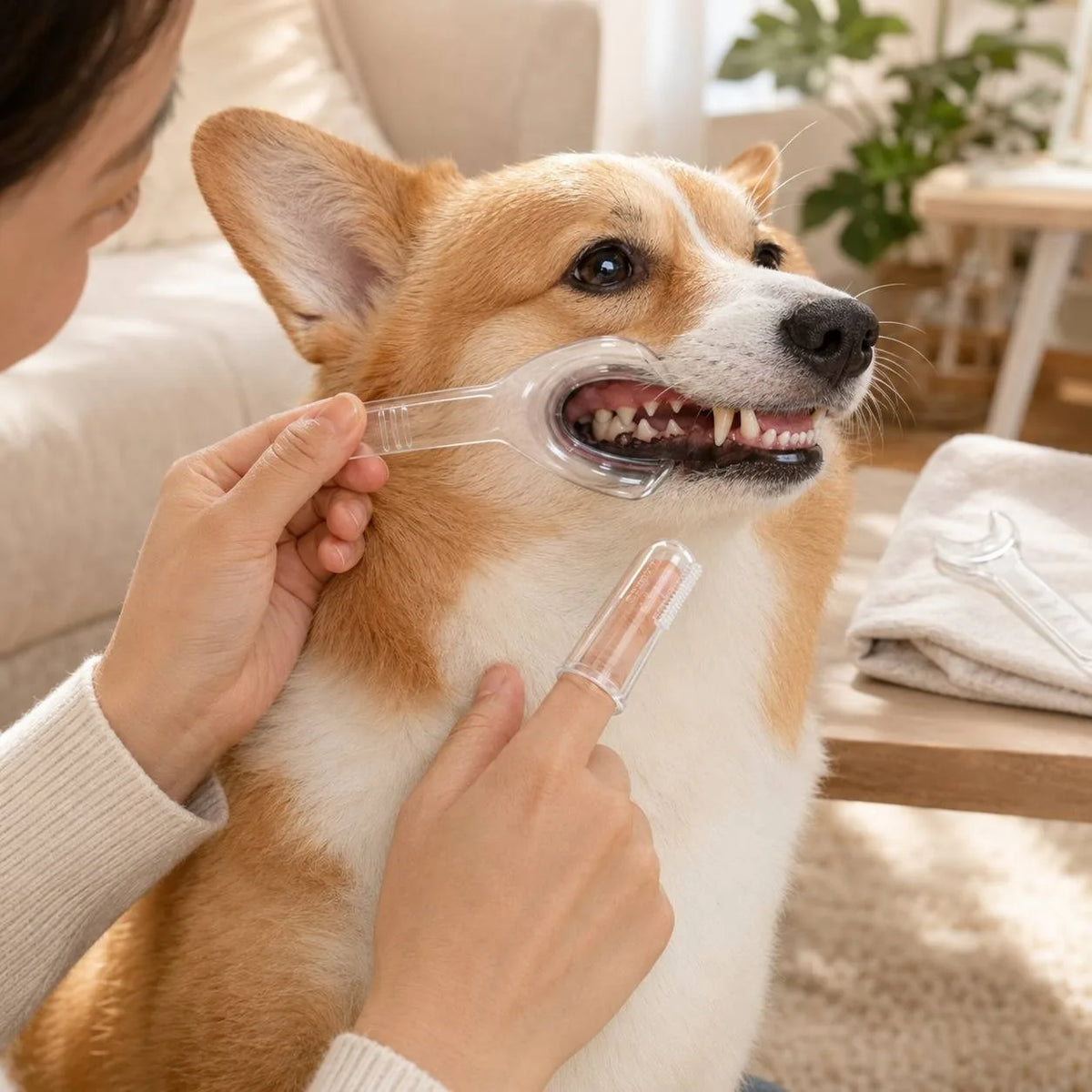 Maulpflege-Set für Haustiere – Handgeführte Maulöffnungshilfe & Fingerzahnbürste zur Zahnpflege für Hunde und Katzen