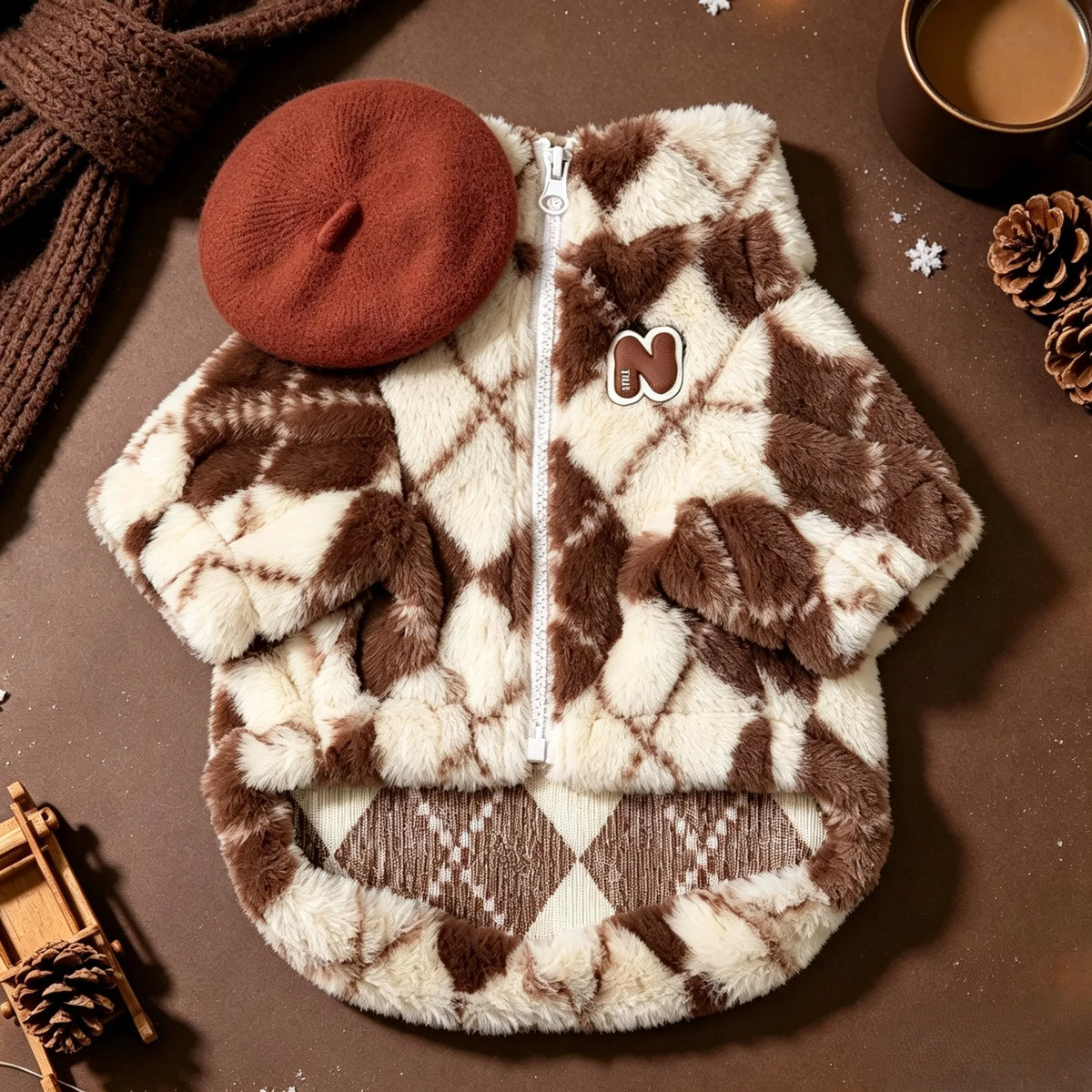 Retro-Rauten Plüsch-Hundemantel – Warme Zweibein-Strickjacke mit Rückenreißverschluss