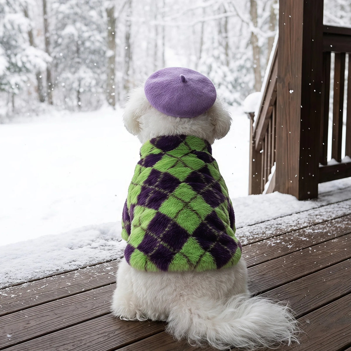 Retro-Rauten Plüsch-Hundemantel – Warme Zweibein-Strickjacke mit Rückenreißverschluss
