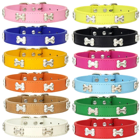 Lederhalsband mit Knochenmotiv – Robustes Verstellbares Haustierhalsband für Kleine & Große Hunde, Welpen, Chihuahuas, Möpse und Katzen