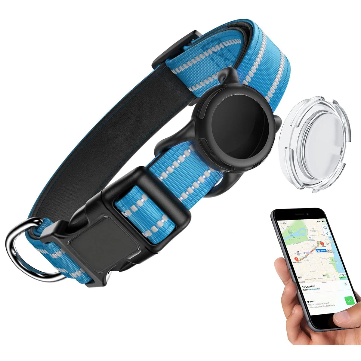 Wasserfestes Hundehalsband mit AirTag-Halterung – Reflektierendes Gepolstertes Verstellbares Halsband mit Sicherheitsverschluss