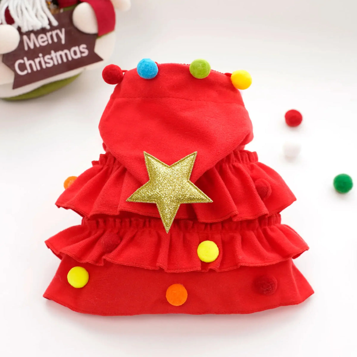 Weihnachtsbaum-Kostüm für Haustiere – Festlicher Umhang mit Stern & Pompons für Hunde & Katzen
