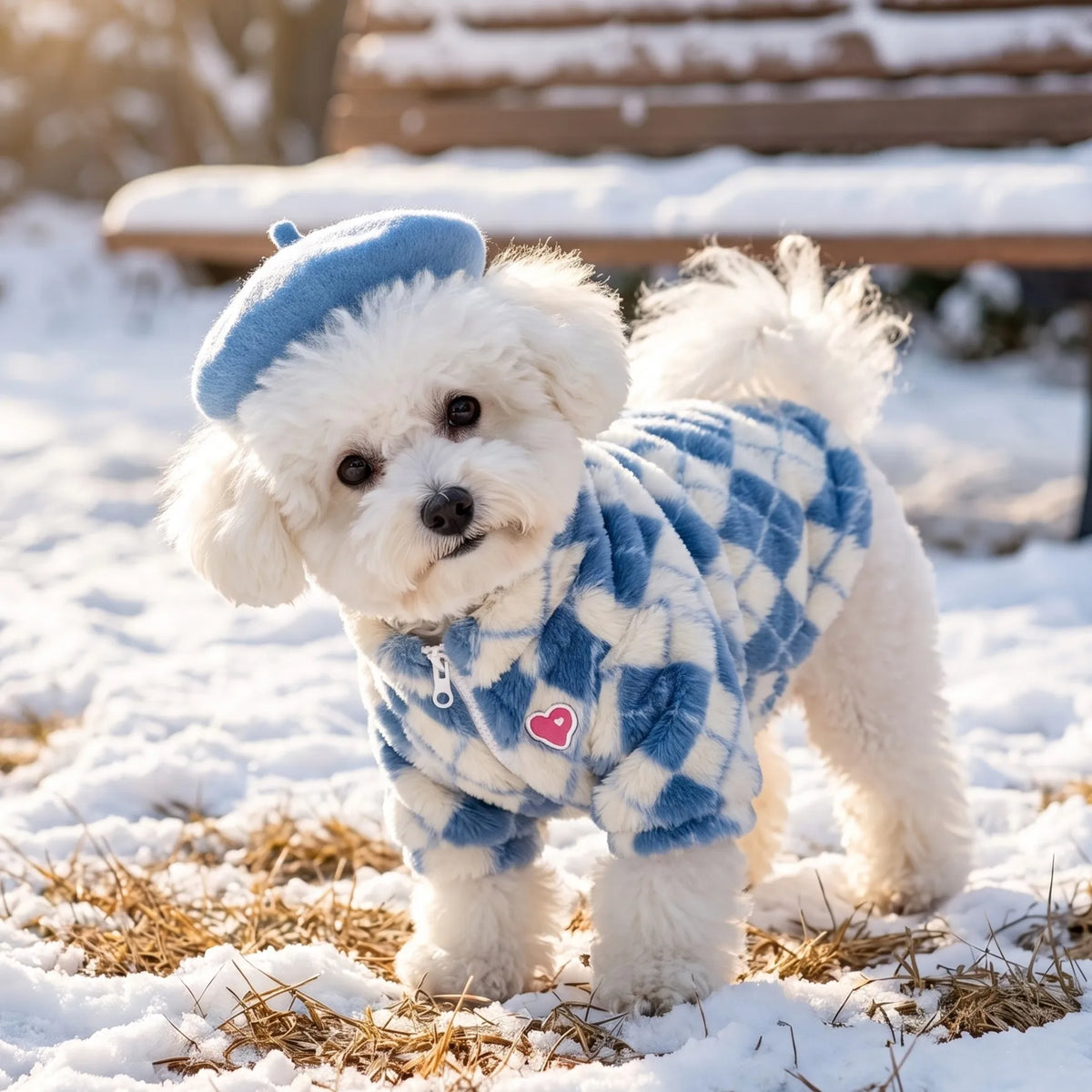 Retro-Rauten Plüsch-Hundemantel – Warme Zweibein-Strickjacke mit Rückenreißverschluss