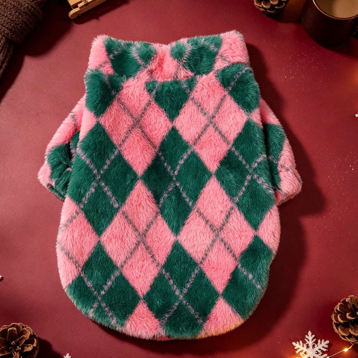 Retro-Rauten Plüsch-Hundemantel – Warme Zweibein-Strickjacke mit Rückenreißverschluss