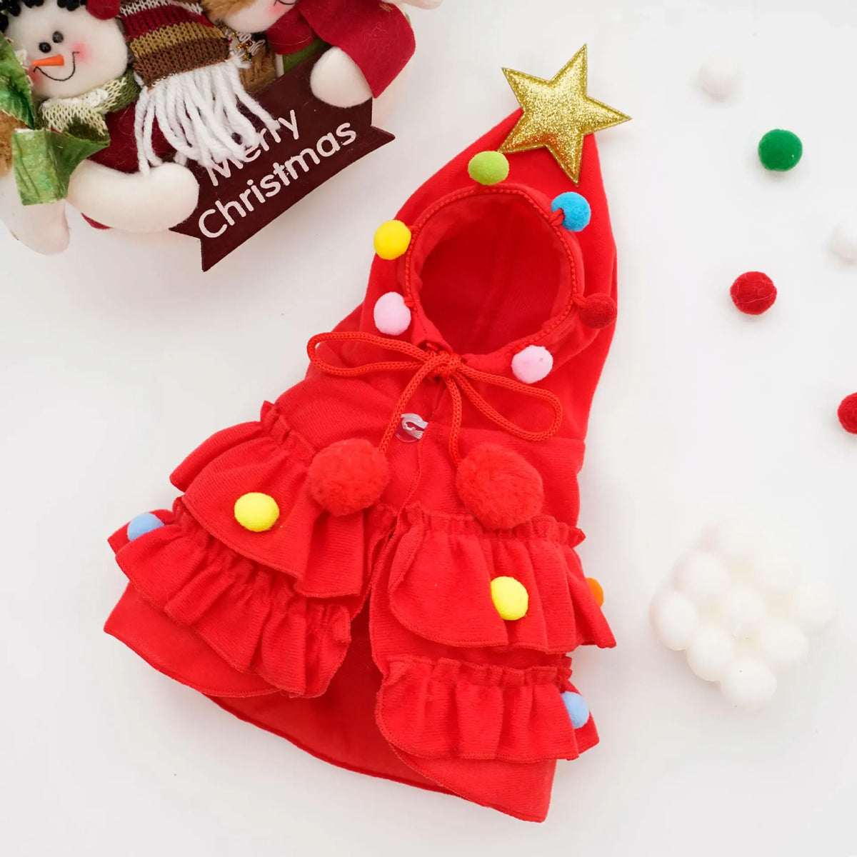 Weihnachtsbaum-Kostüm für Haustiere – Festlicher Umhang mit Stern & Pompons für Hunde & Katzen