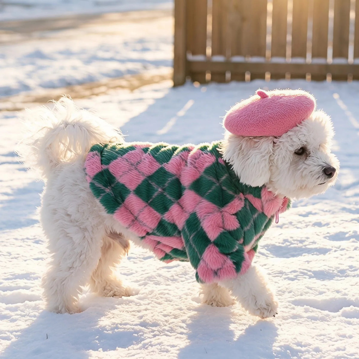 Retro-Rauten Plüsch-Hundemantel – Warme Zweibein-Strickjacke mit Rückenreißverschluss