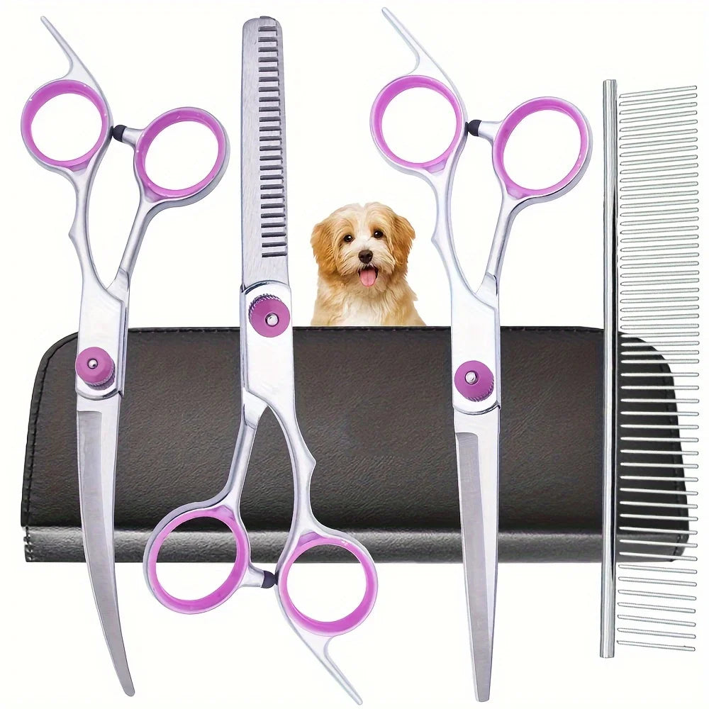 5-teiliges Professionelles Hunde-Scheren-Set – Edelstahl-Pflegescheren, Gebogene Schere & Effilierschere mit Kamm und Aufbewahrungstasche