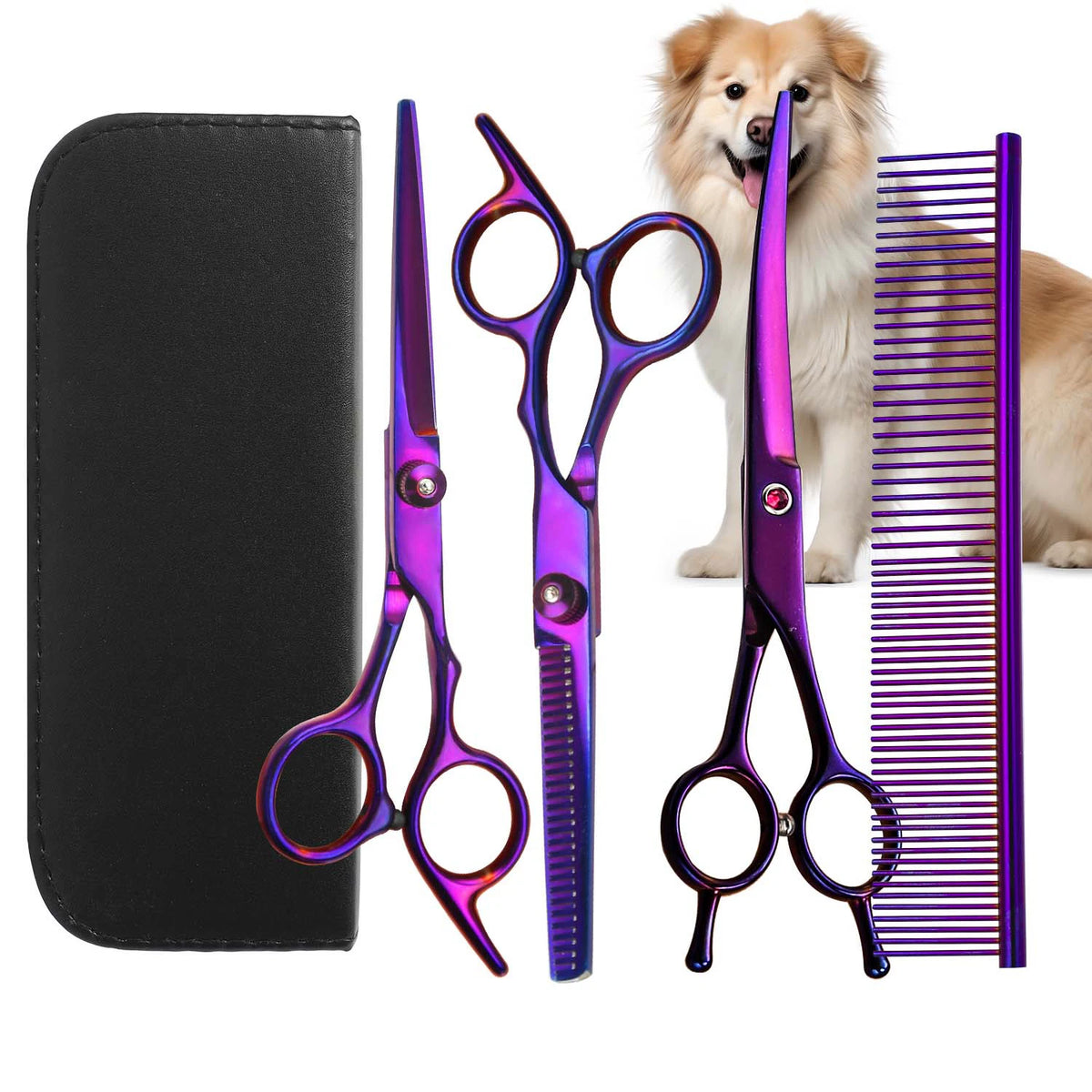 Professionelles Hunde-Scheren-Set – Gerade Schere, Gebogene Schere, Effilierschere & Fellkamm für die Hundepflege
