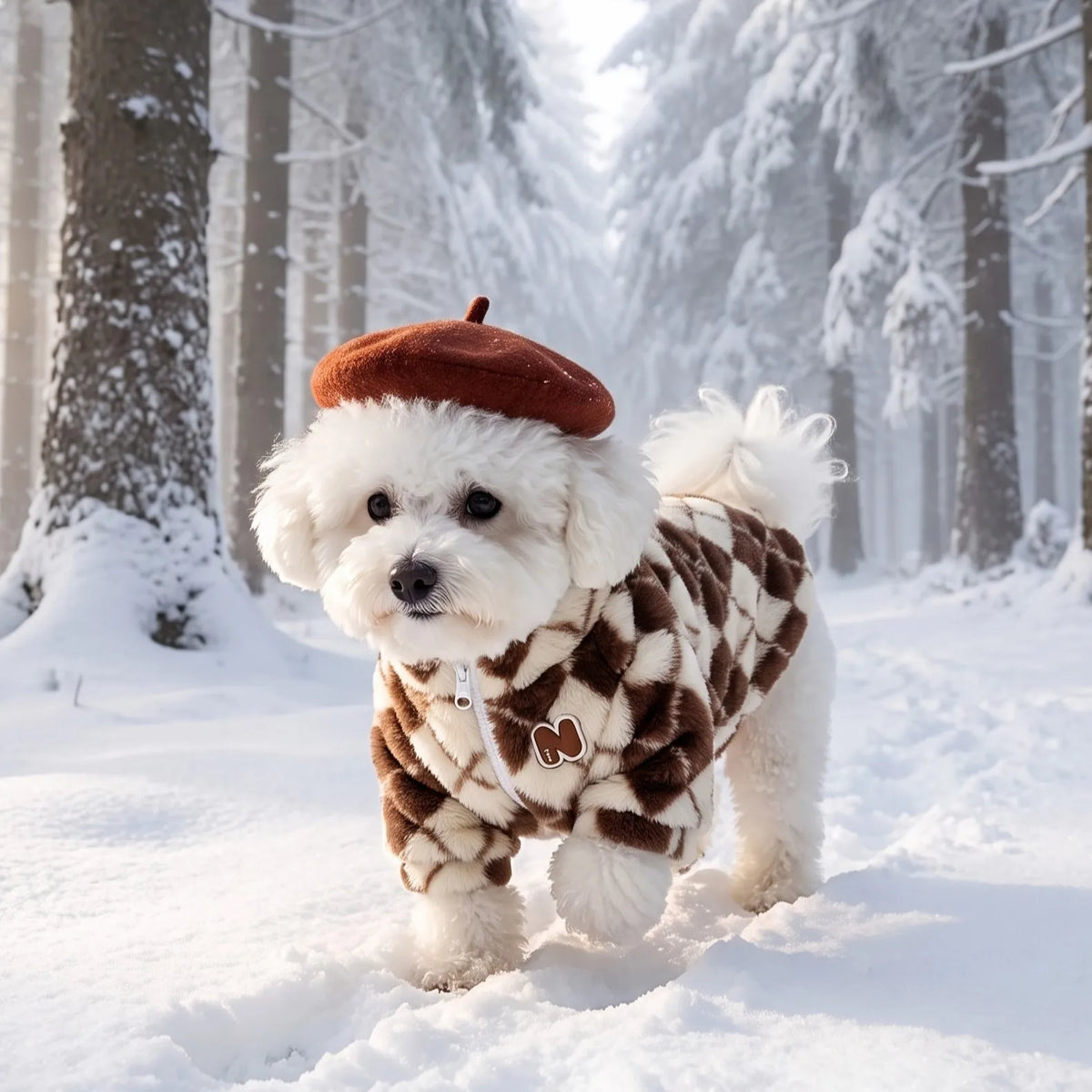 Retro-Rauten Plüsch-Hundemantel – Warme Zweibein-Strickjacke mit Rückenreißverschluss