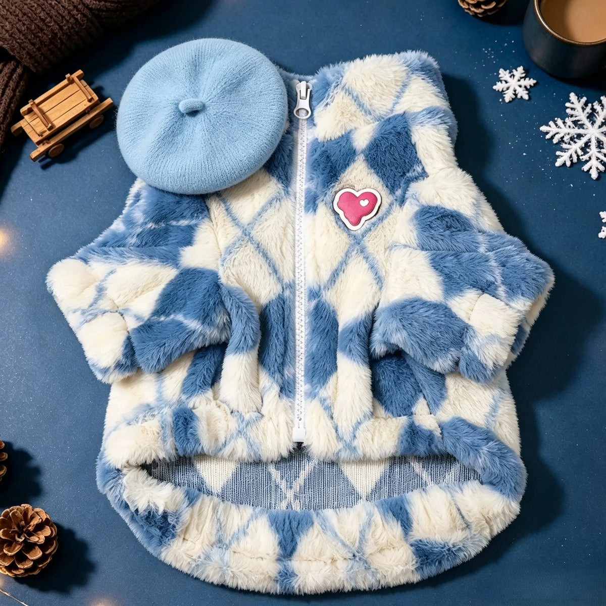 Retro-Rauten Plüsch-Hundemantel – Warme Zweibein-Strickjacke mit Rückenreißverschluss