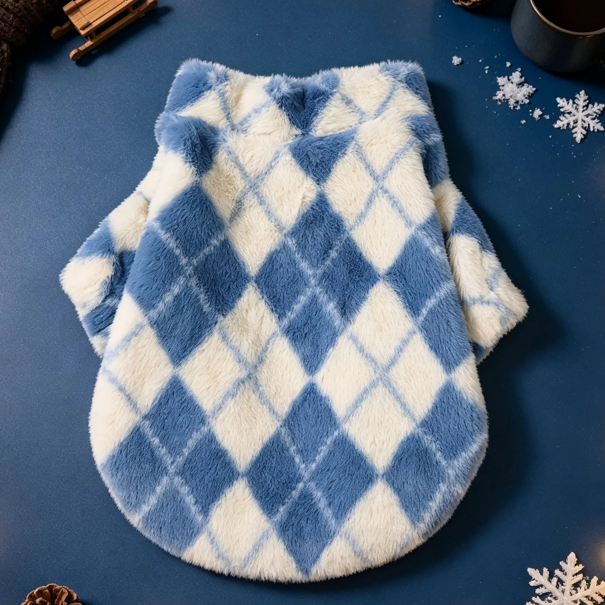 Retro-Rauten Plüsch-Hundemantel – Warme Zweibein-Strickjacke mit Rückenreißverschluss