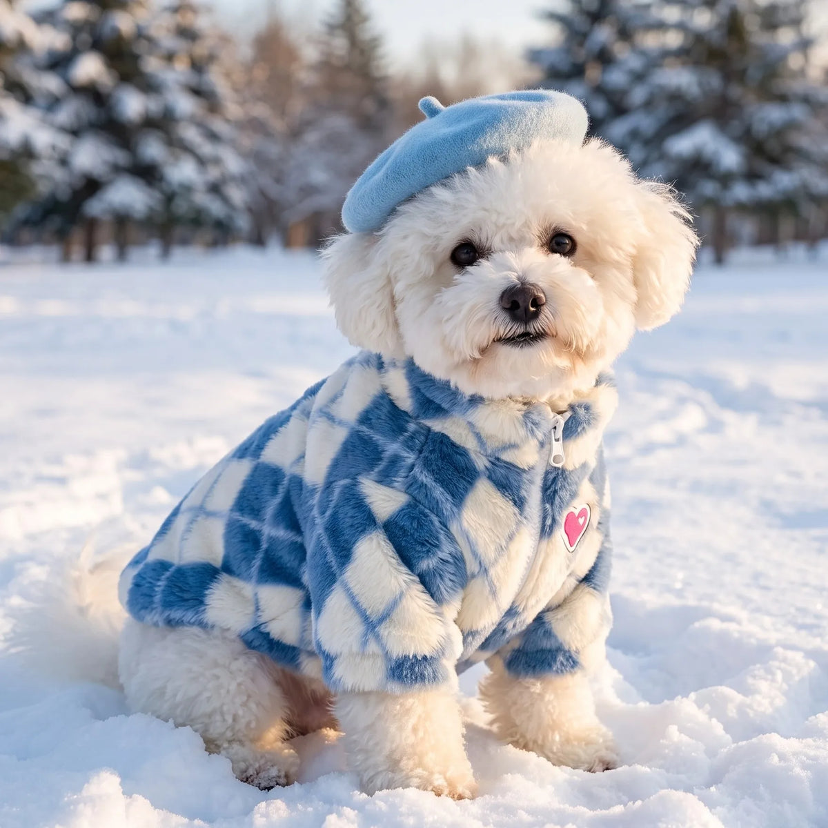 Retro-Rauten Plüsch-Hundemantel – Warme Zweibein-Strickjacke mit Rückenreißverschluss