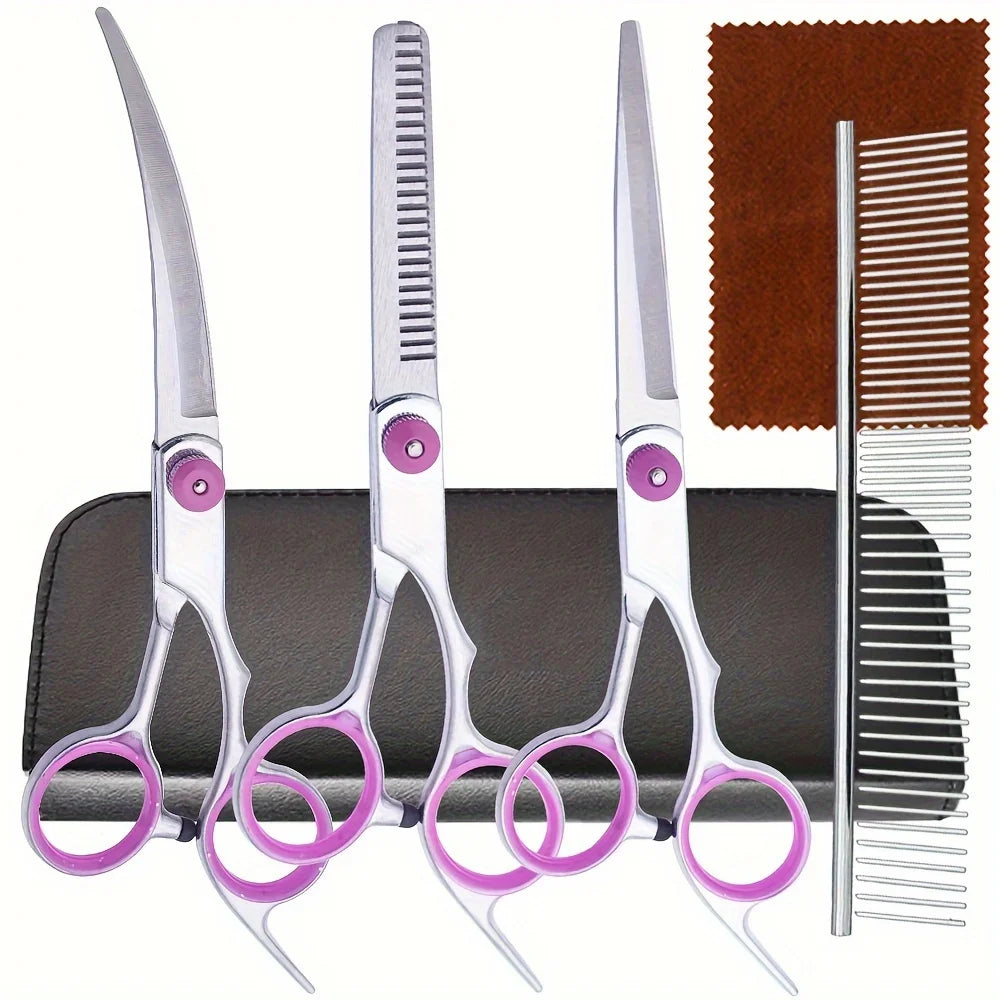 5-teiliges Professionelles Hunde-Scheren-Set – Edelstahl-Pflegescheren, Gebogene Schere & Effilierschere mit Kamm und Aufbewahrungstasche
