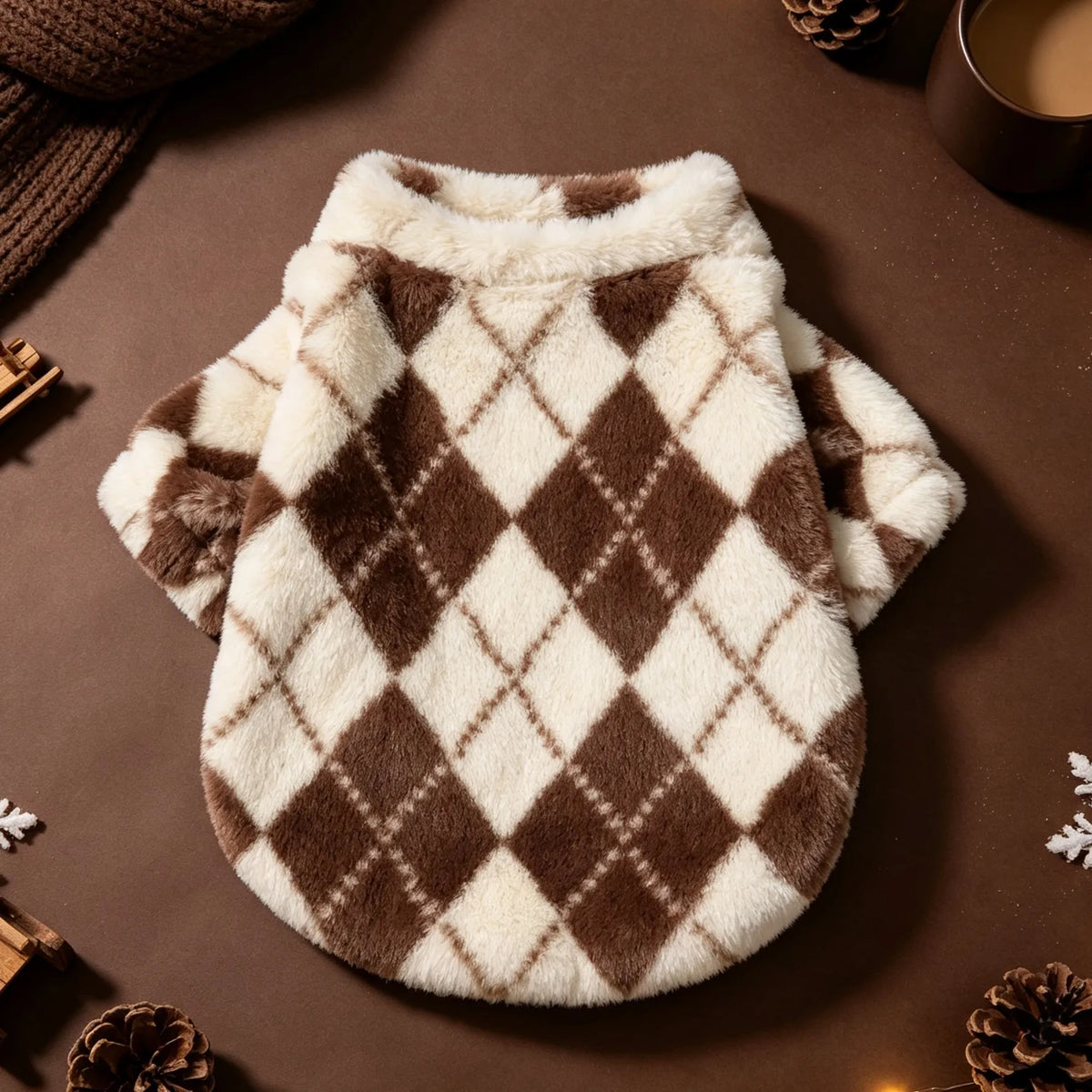 Retro-Rauten Plüsch-Hundemantel – Warme Zweibein-Strickjacke mit Rückenreißverschluss
