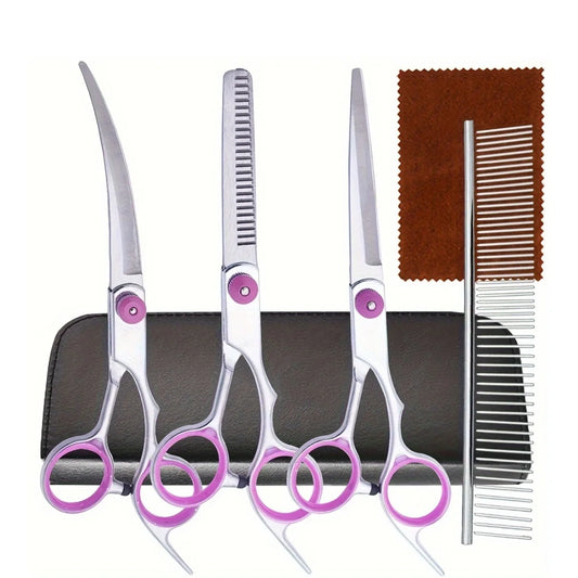 5-teiliges Professionelles Hunde-Scheren-Set – Edelstahl-Pflegescheren, Gebogene Schere & Effilierschere mit Kamm und Aufbewahrungstasche