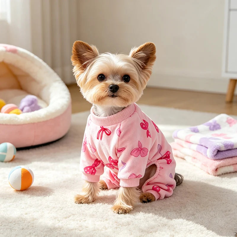 Schleifen-Fleece-Pyjama für Kleine Hunde – Kuscheliges Valentinstag-Outfit für Hündinnen