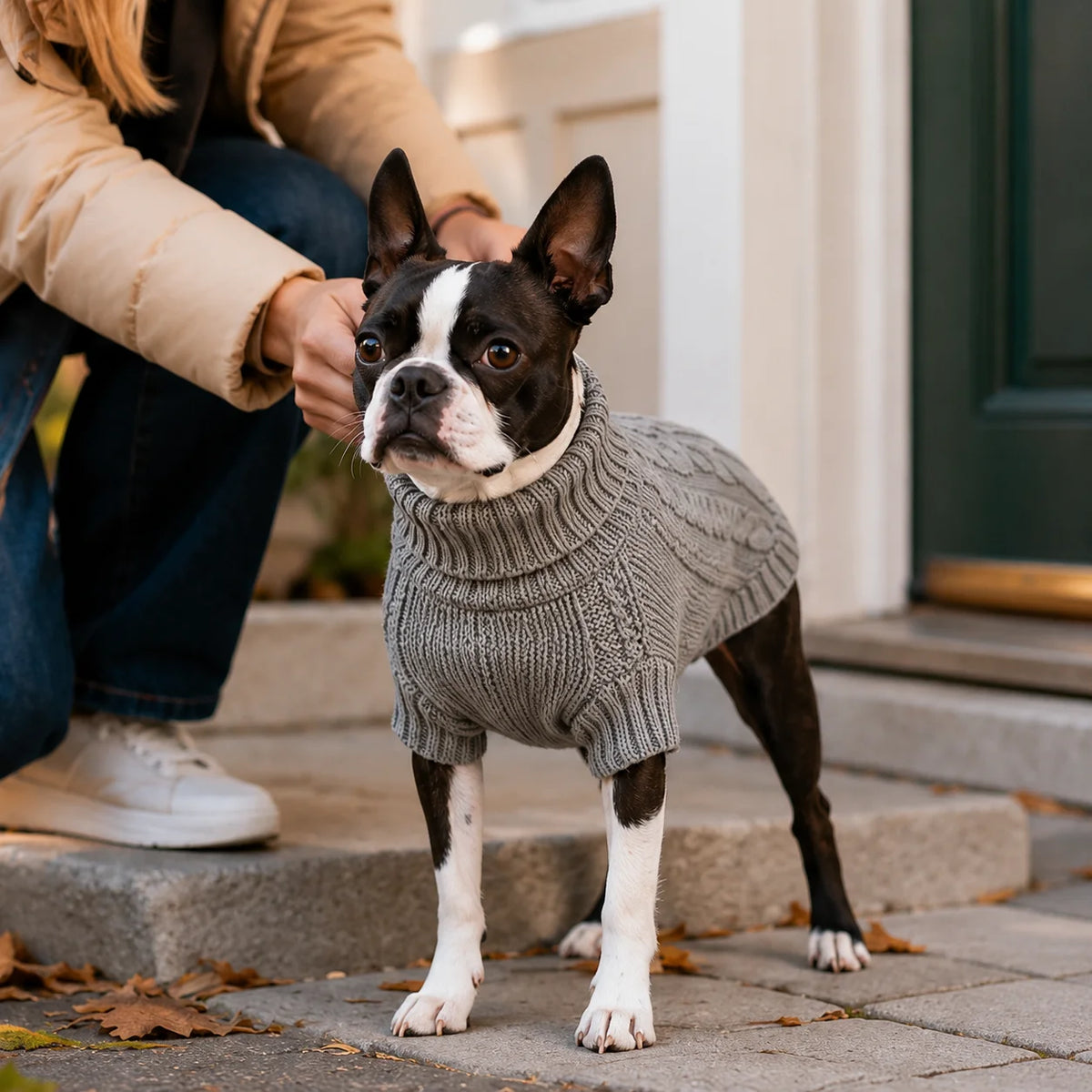 Grauer Zopfmuster-Hundepullover – Warmer Rollkragen-Winterpullover für Kleine & Mittelgroße Hunde