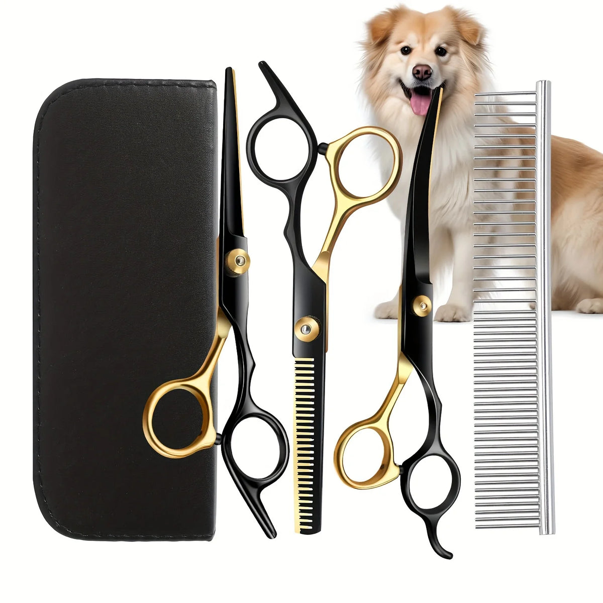 Professionelles Hunde-Scheren-Set – Gerade Schere, Gebogene Schere, Effilierschere & Fellkamm für die Hundepflege