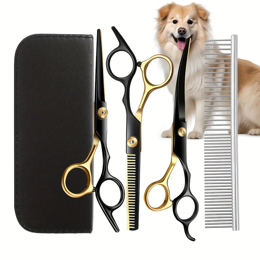 Professionelles Hunde-Scheren-Set – Gerade Schere, Gebogene Schere, Effilierschere & Fellkamm für die Hundepflege