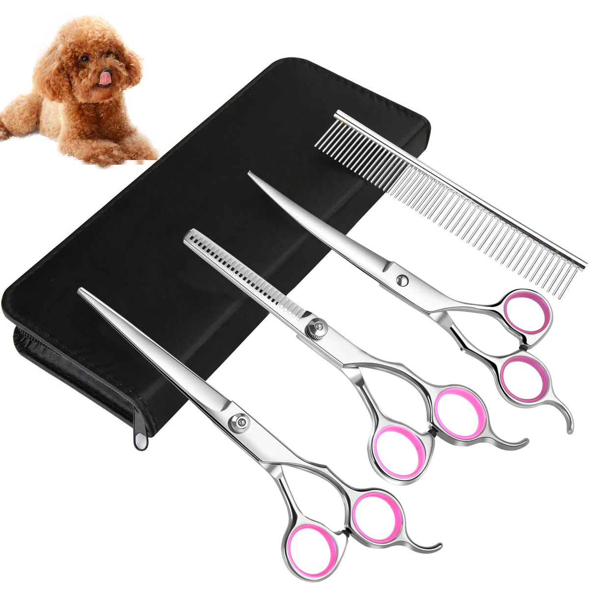Professionelles Hunde-Scheren-Set – Gerade Schere, Gebogene Schere, Effilierschere & Fellkamm für die Hundepflege