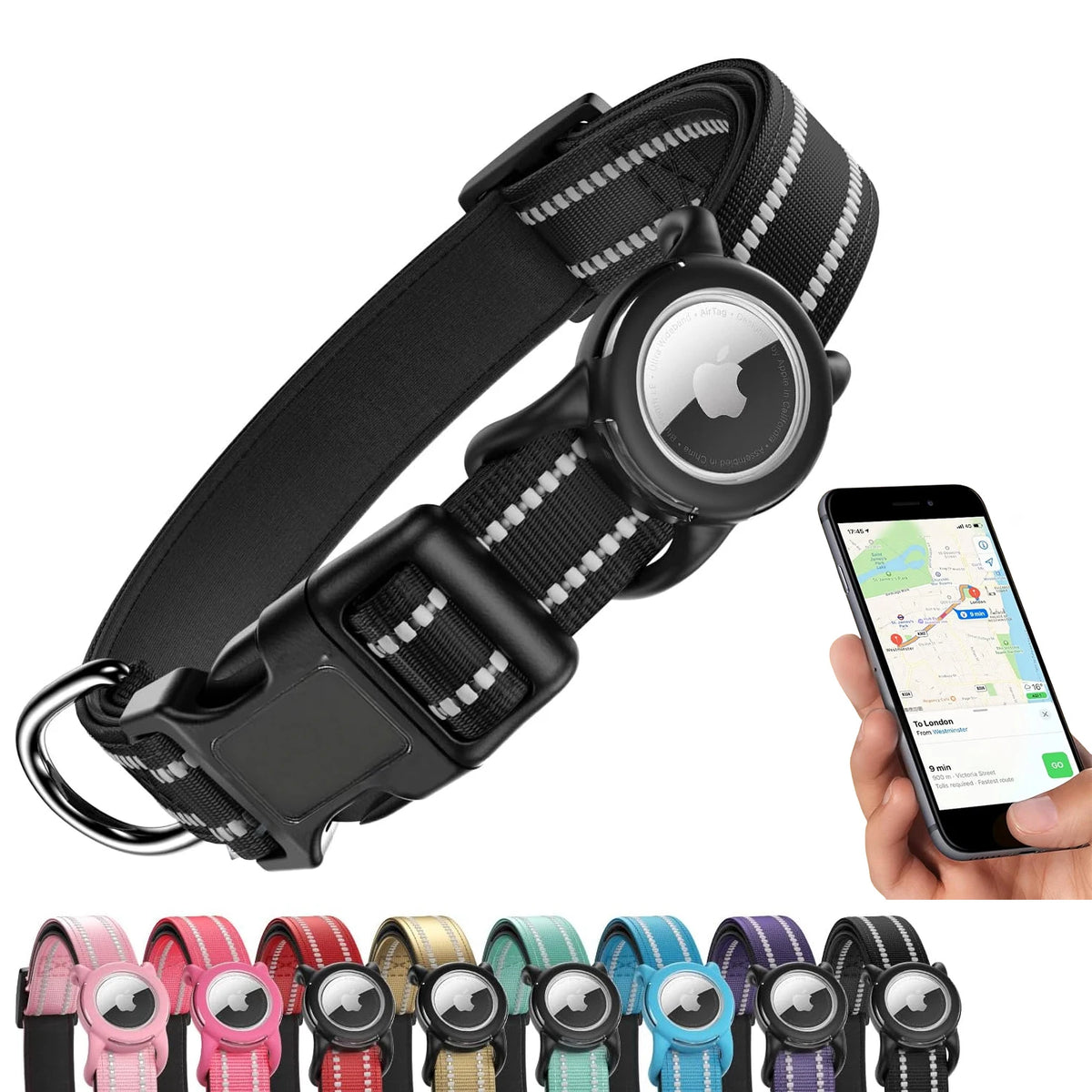 Wasserfestes Hundehalsband mit AirTag-Halterung – Reflektierendes Gepolstertes Verstellbares Halsband mit Sicherheitsverschluss