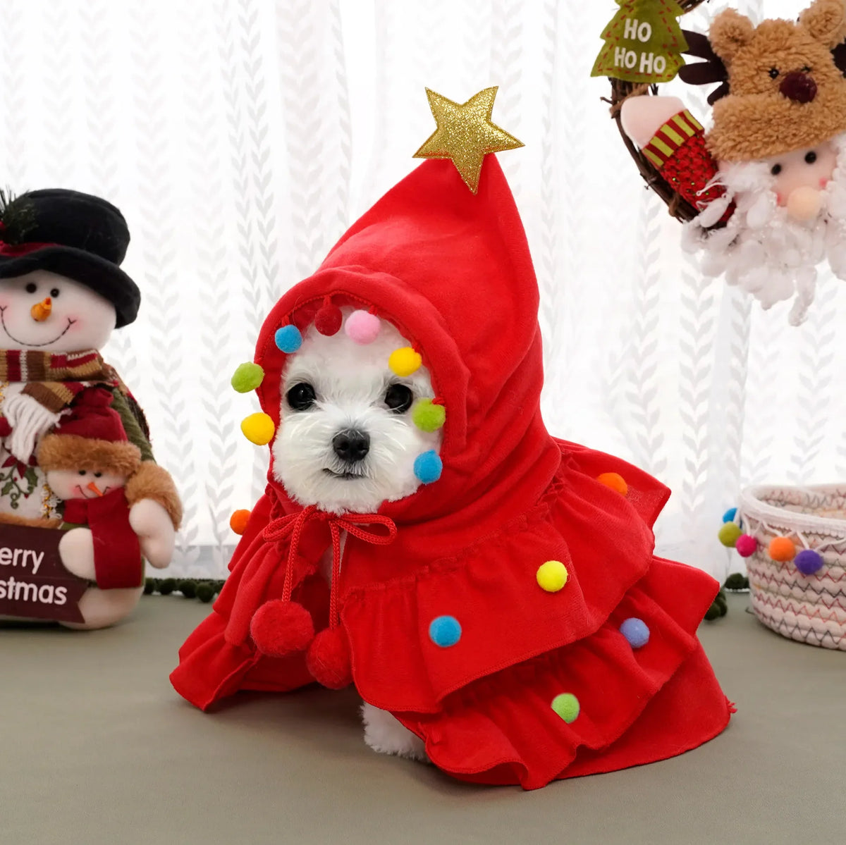 Weihnachtsbaum-Kostüm für Haustiere – Festlicher Umhang mit Stern & Pompons für Hunde & Katzen