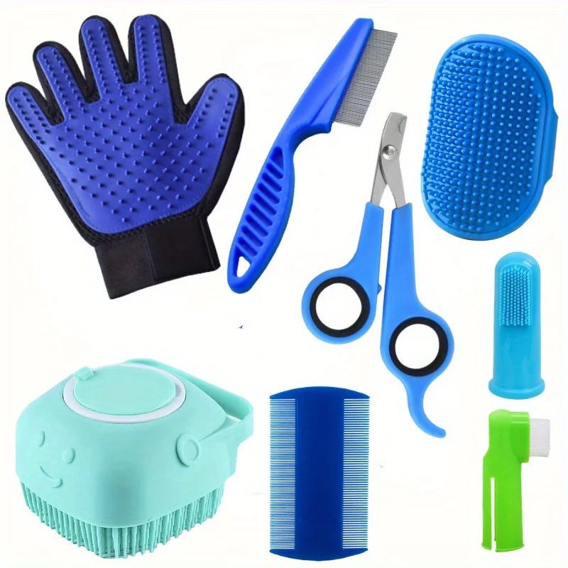8-teiliges Haustier-Pflegeset – Hundehaar-Kamm, Flohkamm, Shampoobürste, Krallenschere & Zahnbürsten-Set