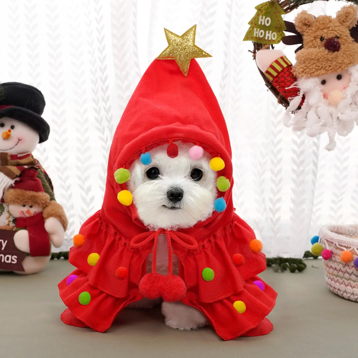 Weihnachtsbaum-Kostüm für Haustiere – Festlicher Umhang mit Stern & Pompons für Hunde & Katzen