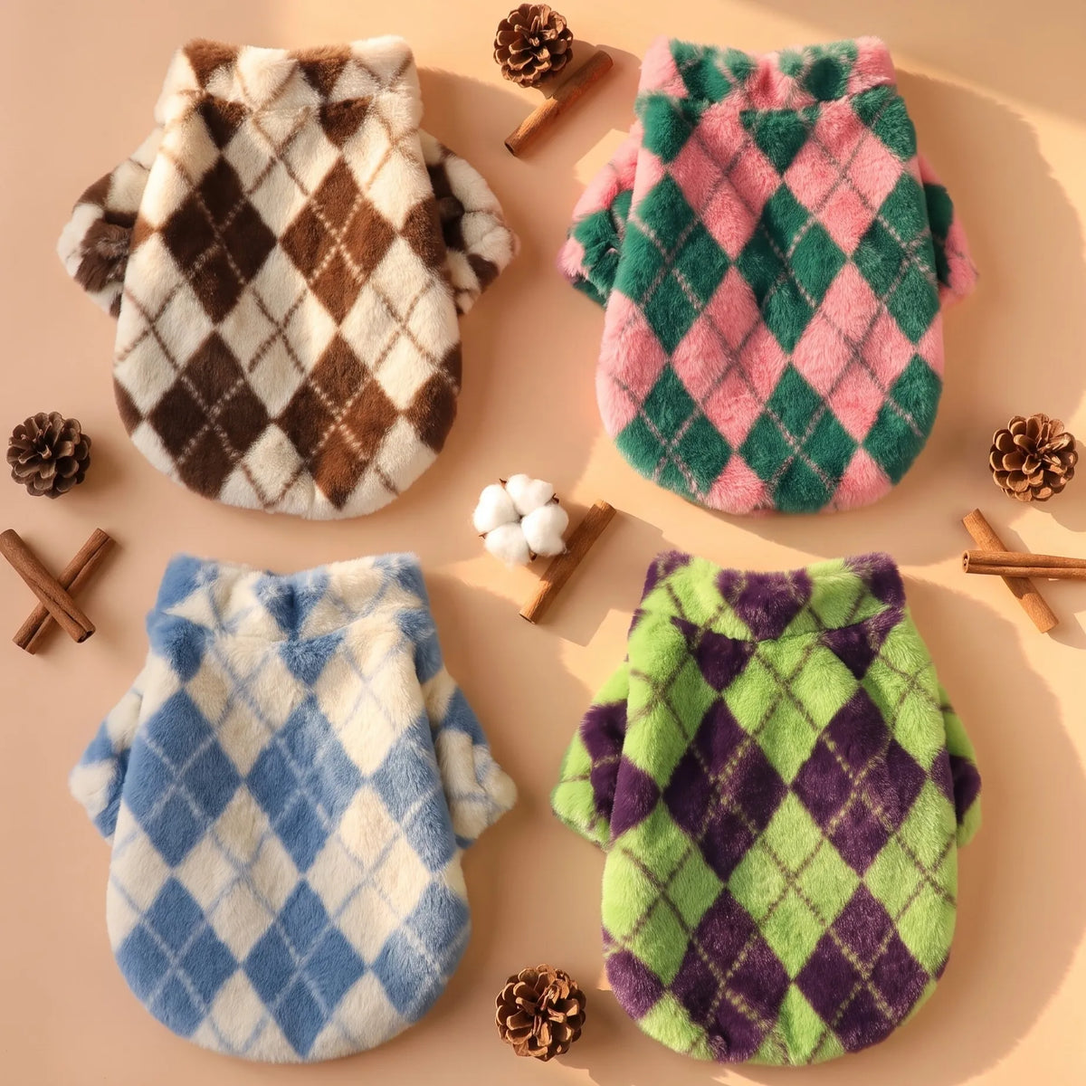 Retro-Rauten Plüsch-Hundemantel – Warme Zweibein-Strickjacke mit Rückenreißverschluss
