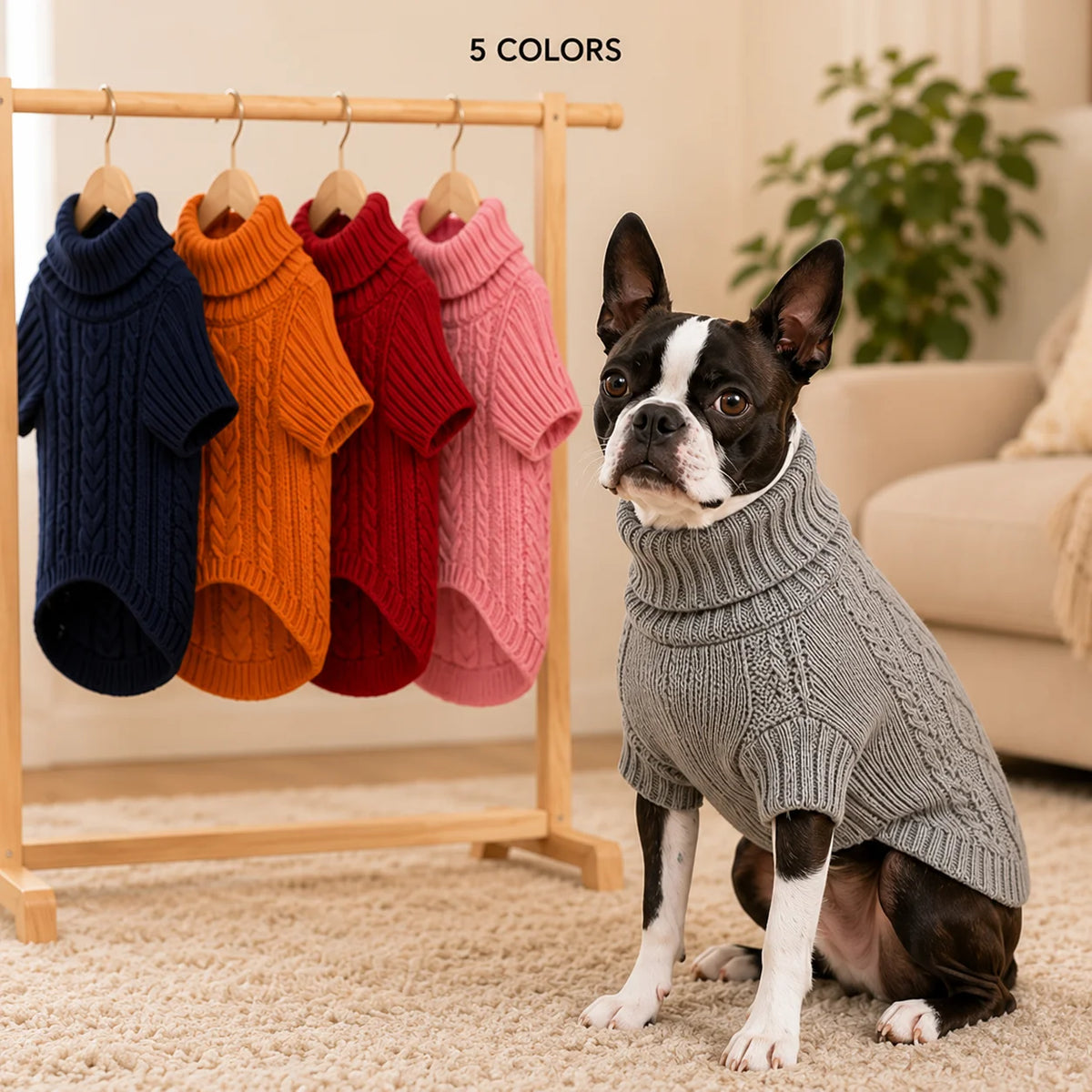 Grauer Zopfmuster-Hundepullover – Warmer Rollkragen-Winterpullover für Kleine & Mittelgroße Hunde