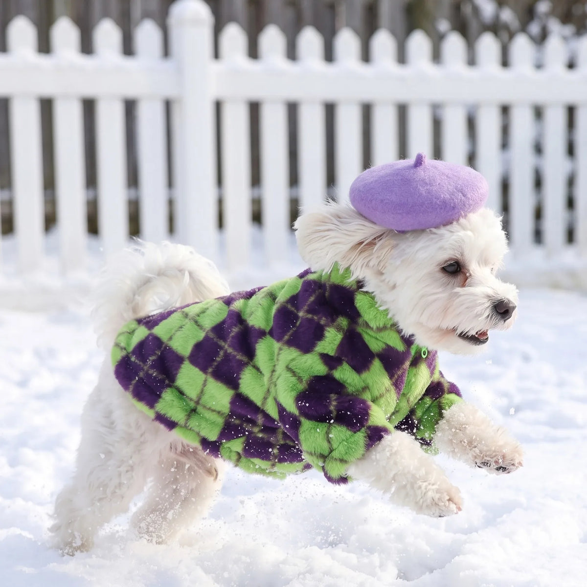 Retro-Rauten Plüsch-Hundemantel – Warme Zweibein-Strickjacke mit Rückenreißverschluss
