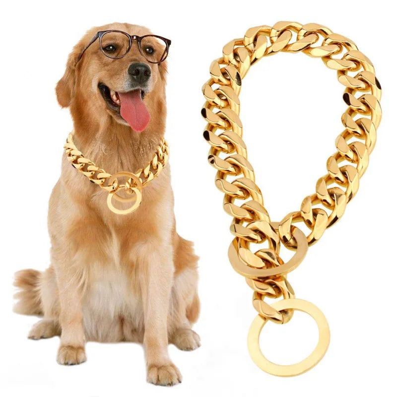Luxuriöses Goldenes Metall-Hundehalsband – Auffälliges Kettenhalsband für Pitbulls, Bulldoggen, Teddybär-Hunde & Französische Bulldoggen