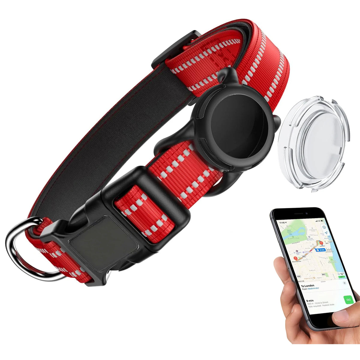 Wasserfestes Hundehalsband mit AirTag-Halterung – Reflektierendes Gepolstertes Verstellbares Halsband mit Sicherheitsverschluss