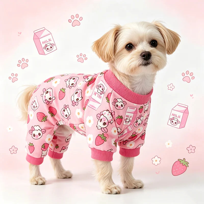 Rosa Milch & Schaf Pyjama für Mittelgroße Hunde – Elastischer Lustiger Hunde-Pyjama