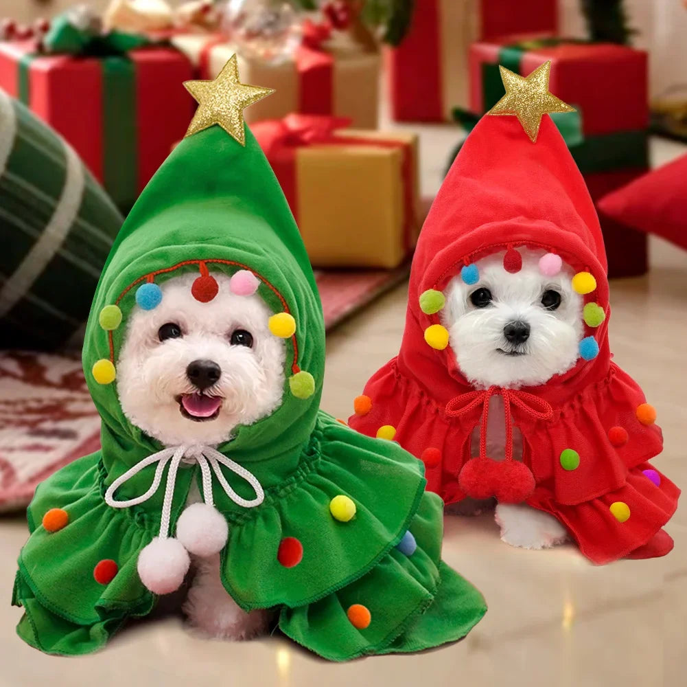 Weihnachtsbaum-Kostüm für Haustiere – Festlicher Umhang mit Stern & Pompons für Hunde & Katzen