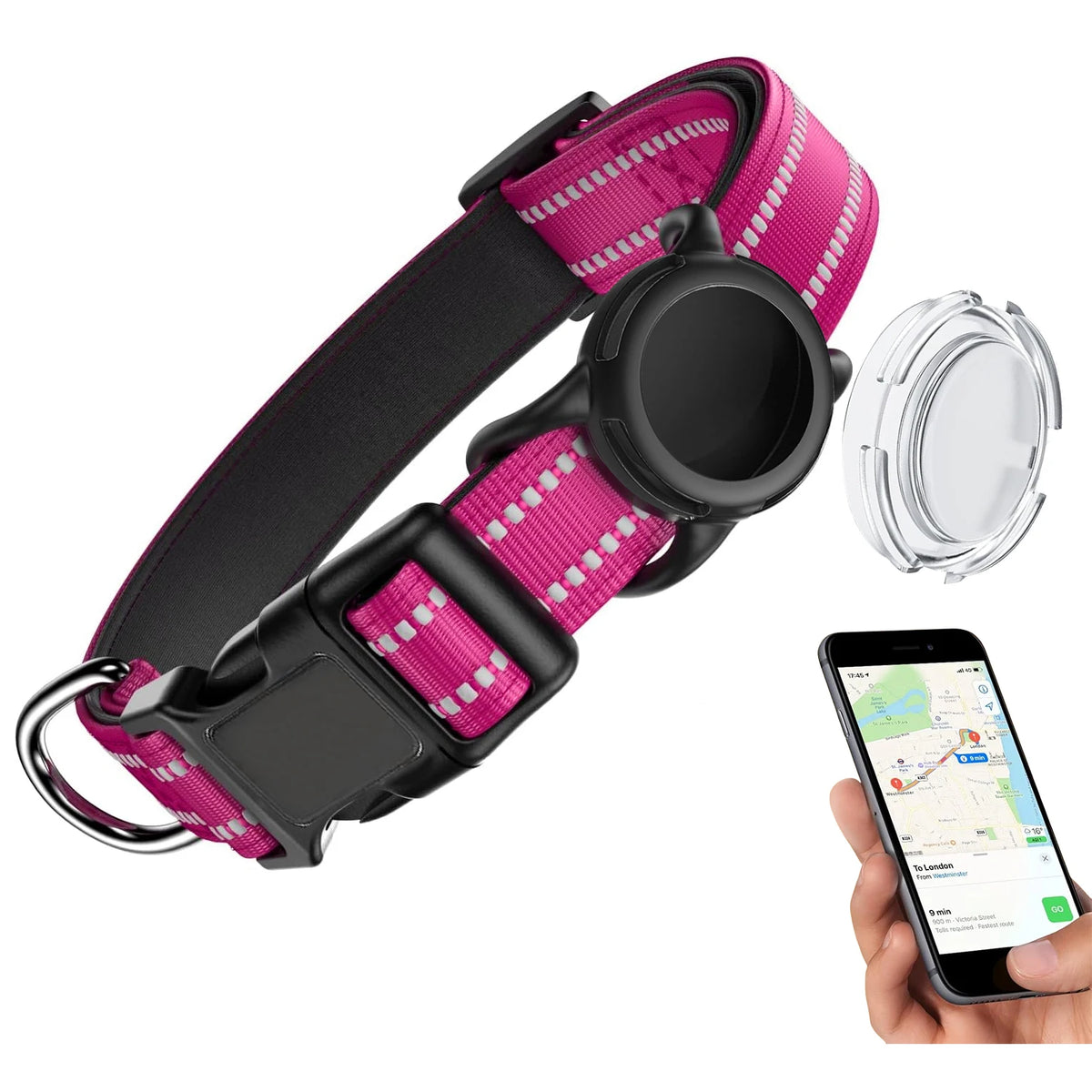 Wasserfestes Hundehalsband mit AirTag-Halterung – Reflektierendes Gepolstertes Verstellbares Halsband mit Sicherheitsverschluss