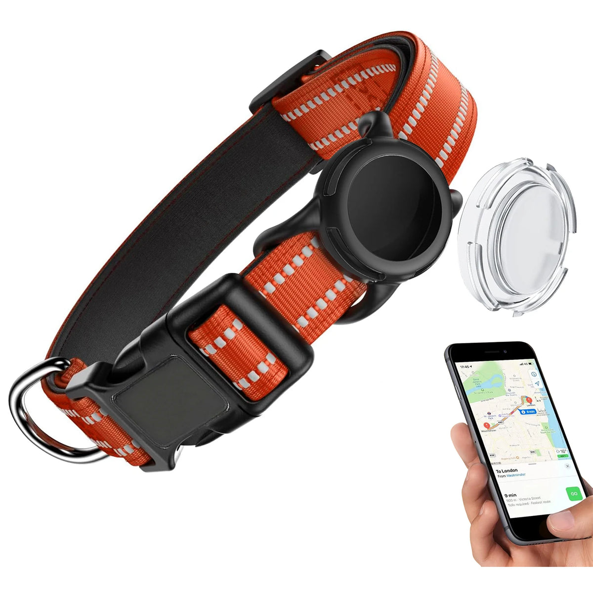 Wasserfestes Hundehalsband mit AirTag-Halterung – Reflektierendes Gepolstertes Verstellbares Halsband mit Sicherheitsverschluss