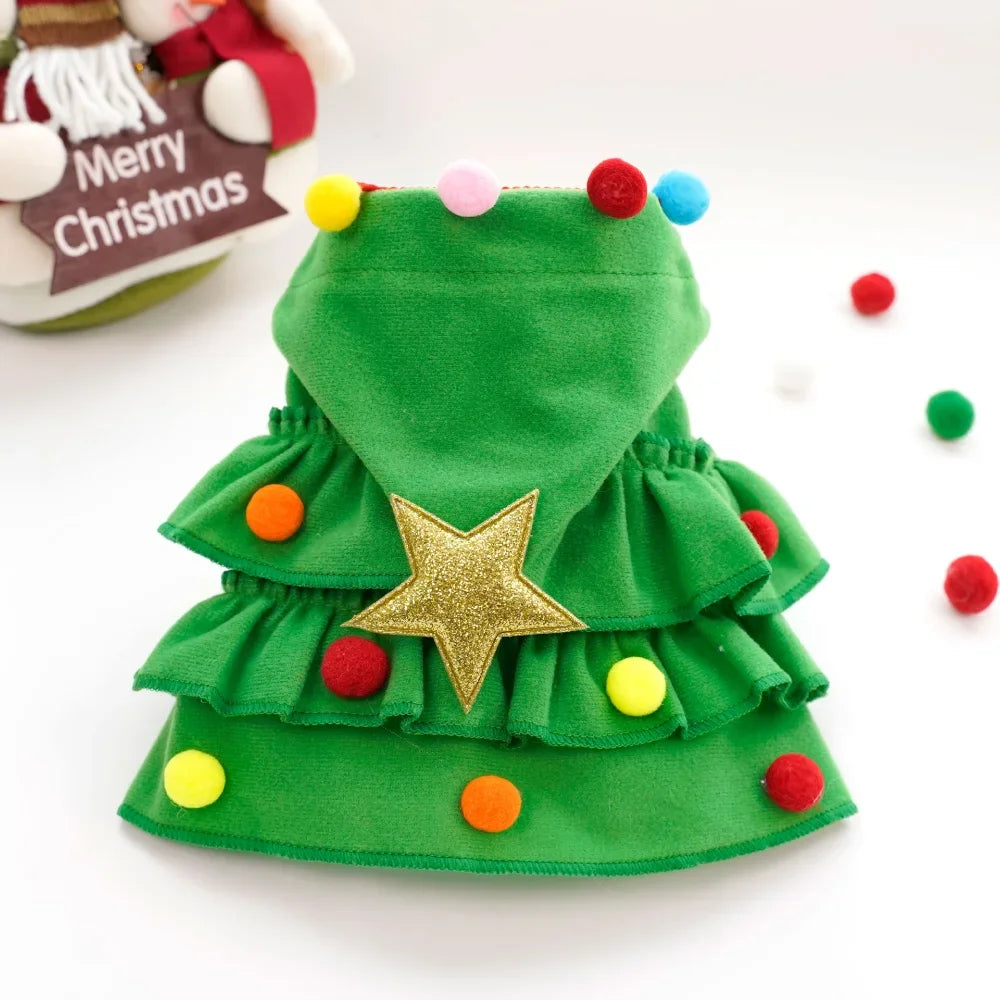 Weihnachtsbaum-Kostüm für Haustiere – Festlicher Umhang mit Stern & Pompons für Hunde & Katzen