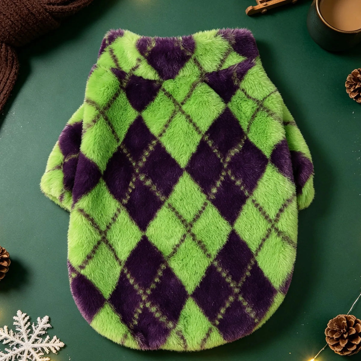 Retro-Rauten Plüsch-Hundemantel – Warme Zweibein-Strickjacke mit Rückenreißverschluss