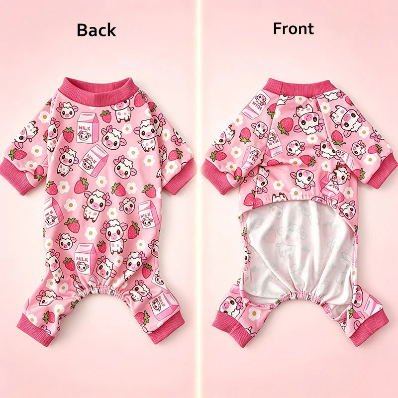 Rosa Milch & Schaf Pyjama für Mittelgroße Hunde – Elastischer Lustiger Hunde-Pyjama