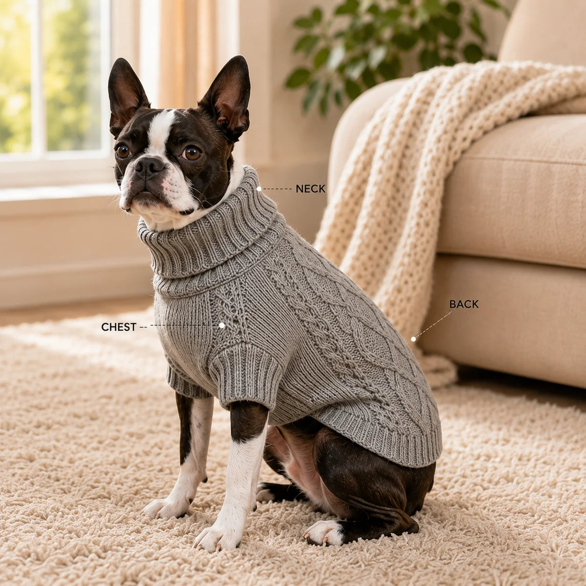 Grauer Zopfmuster-Hundepullover – Warmer Rollkragen-Winterpullover für Kleine & Mittelgroße Hunde