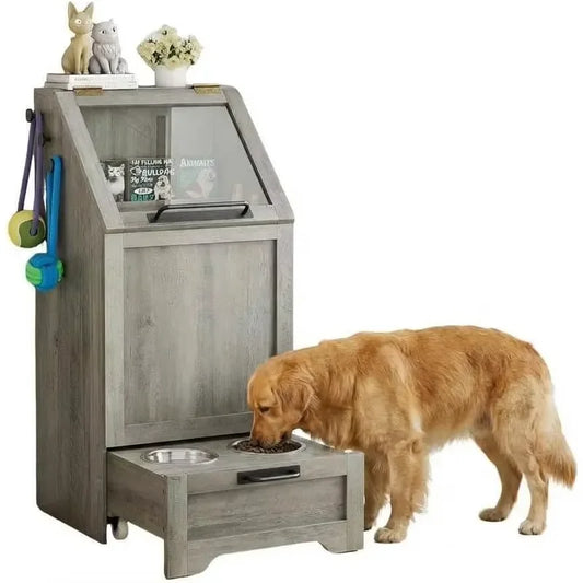 Graue Erhöhte Futterstation für Hunde – Futterplatz mit Napf, Schränken, Aufhängung sowie Futter- und Spielzeugaufbewahrung