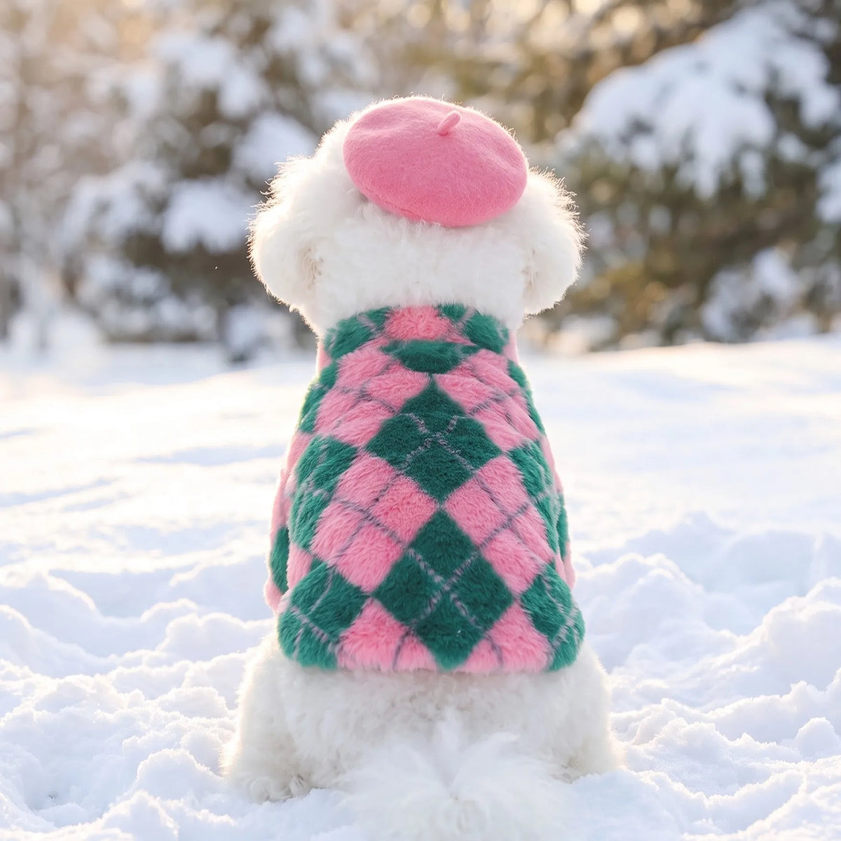 Retro-Rauten Plüsch-Hundemantel – Warme Zweibein-Strickjacke mit Rückenreißverschluss